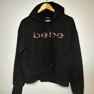 Bebe Hoodie Crop Top with Iridescent Letters with Thumb Holes
